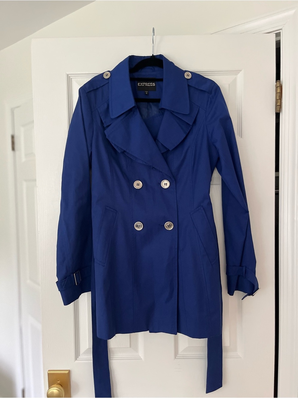 Express Royal Blue Double-Breasted Trench Coat, medium